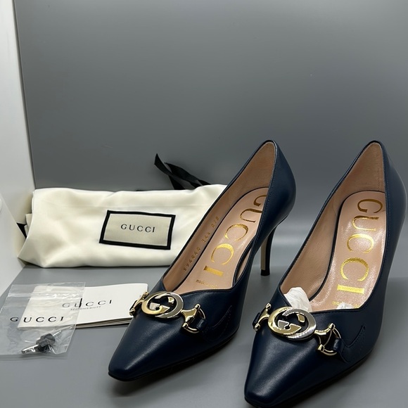 Gucci Malaga Kid Blue Agata Pumps NIOB. Size 34.5 - Picture 1 of 14